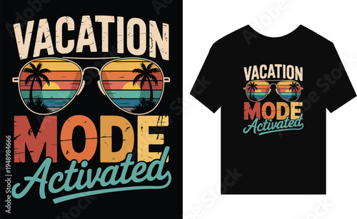 Vacation mode activated sunglasses t-shirt with sunset