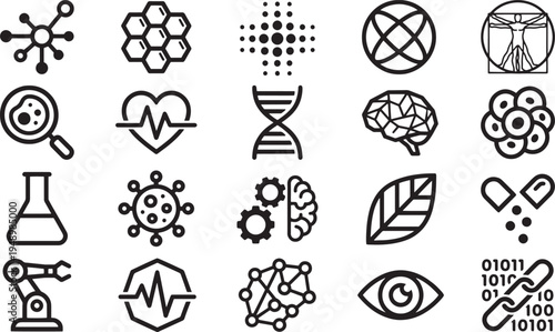A collection of modern science and technology icons, perfect for illustrating scientific concepts and technological innovation, presented in clean lines.