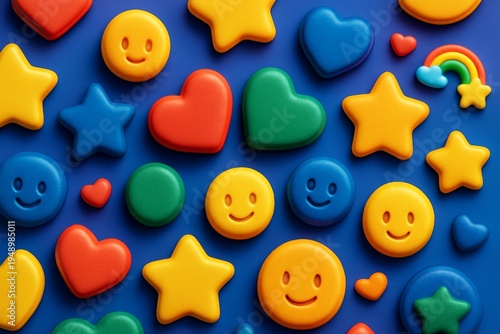 Colorful smiley faces, stars, hearts, and circles arranged on a vibrant blue background in playful, soft light style. Ai generative. Ai generative
