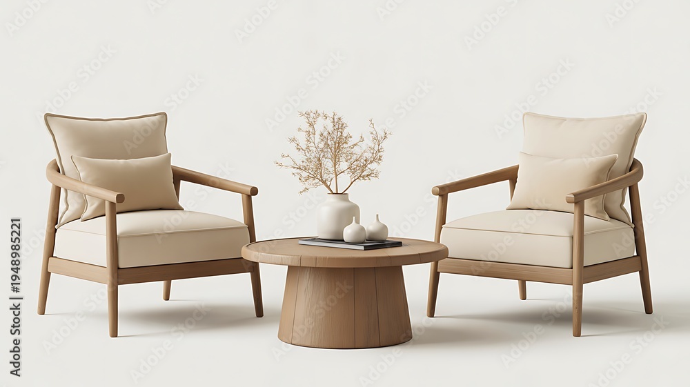Fototapeta premium Minimalist wooden armchairs with round table and dried plant decor