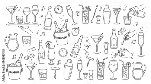 Alcoholic beverages including wine glasses champagne bottles and cocktail shakers are served by hands in a festive party setting with music notes