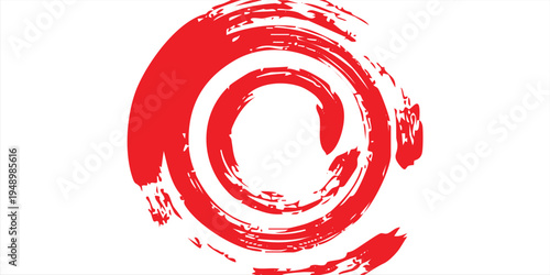 Bold red ink spiral mark, irregular circular brush strokes with distressed paint texture, modern abstract illustration.