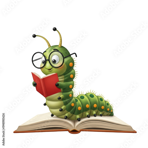 A green caterpillar wearing glasses reading a book isolated on transparent background