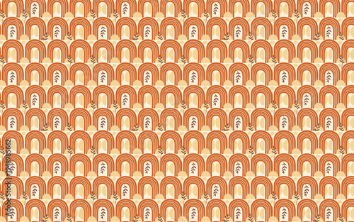 Seamless boho pattern with terracotta rainbows and botanical leaves