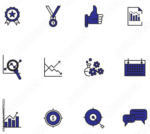 Set of 12 blue and black business, marketing, and success vector icons including charts, targets, and social media symbols, ideal for website design and presentations.