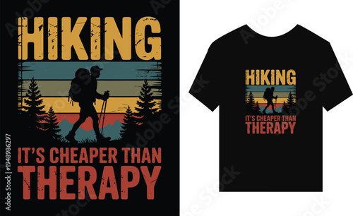 Hiker silhouette with backpack and trekking poles in a vintage mountain forest scene