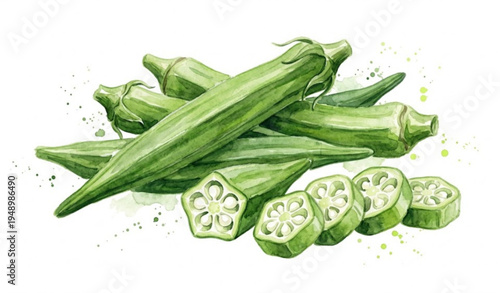 Watercolor Okra Vegetable Vector Illustration Isolated on White