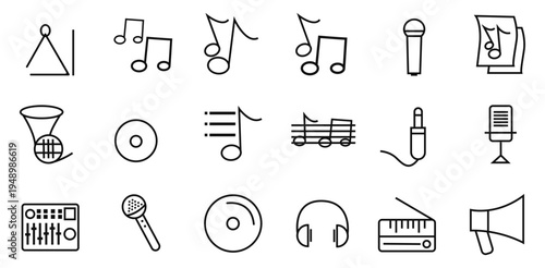 Set of 18 Music and Audio Line Icons Vector Collection for Web, Mobile Apps, and Digital Design Projects, Featuring Musical Notes, Instruments, and Sound Equipment