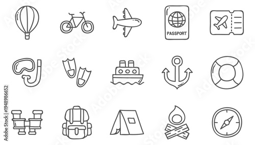 Set of 15 Outline Travel and Tourism Icons Vector Collection for Vacation, Adventure, and Holiday Planning Web Design Elements
