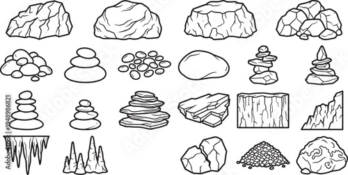A collection of intricately sketched stones and rocks, capturing the rugged beauty of nature in black and white.