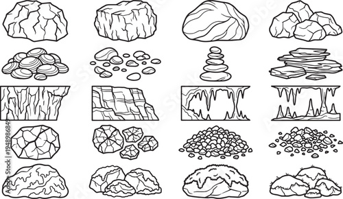 Illustrative collection of various stone formations, each with unique textures and shapes.