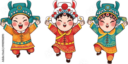 Cute Cartoon Chinese Opera Characters Set Jumping in Traditional Costumes for Lunar New Year Celebration Greeting Card and Cultural Vector Design