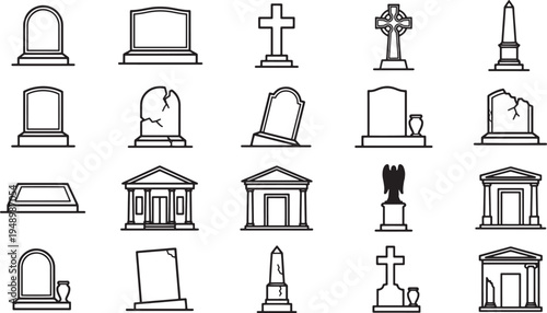 A symbolic representation of remembrance, mourning, and commemoration. A diverse collection of tombstones, crosses, and structures, rendered in clean, minimalist line art. 
