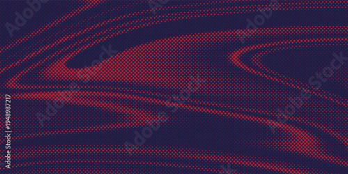 Red micro-dot gradient pattern across midnight blue surface, abstract flowing particle formations.