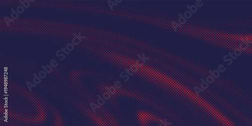 Abstract crimson dot dispersion on dark indigo backdrop, clustered particles forming smooth wave-like structures.