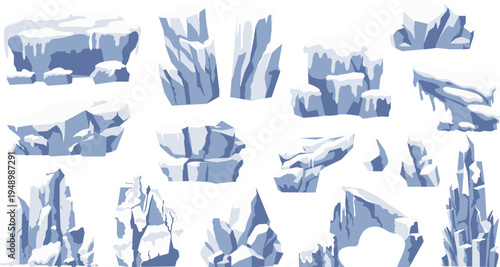 Frozen Ice Cliff and Glacier Rock Set, Snowy Arctic Landscape Elements for Game or Winter Scene Vector Collection