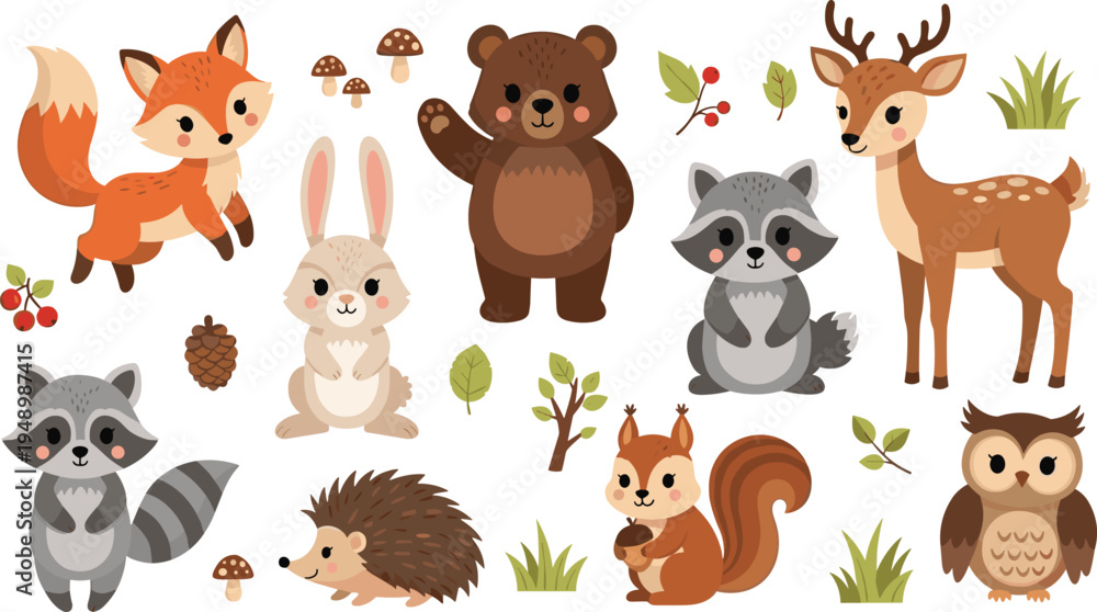 Obraz premium Cute Forest Woodland Animal Collection with Fox, Bear, Deer, Rabbit, Raccoon, Hedgehog, Squirrel and Owl Cartoon Nature Vector Illustration Set.