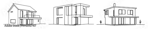 Modern house set with continuous line art drawing style featuring architecture, building, model with vector illustration and white background