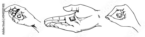 Hand set with sketchbook style drawing of tiny microchip held in hand featuring black ink, art, technology with invisible tech and minimalism