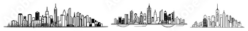 Smart city skyline set with abstract line art and data waves featuring urban planning 2026, thin consistent stroke, white background with urban concept and technology