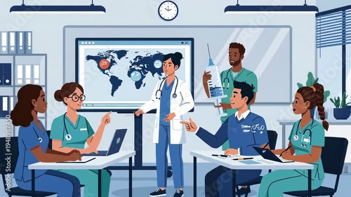 Medical team discussing global health on monitor display in meeting room with doctors and nurses collaboration and data analysis