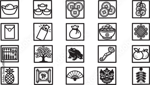 A captivating compilation of emblematic icons and symbols, meticulously arranged in a seamless array, encapsulates the essence of prosperity, fortune, and cultural heritage.