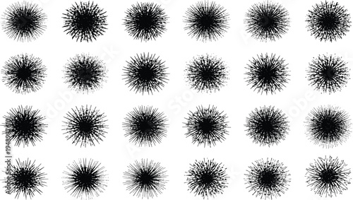 Abstract generative radial starburst patterns grid, spiky geometric black spheres with algorithmic variations, futuristic digital art visualization for backgrounds, textures, and design projects