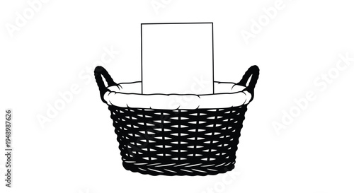 A simple black and white illustration of a wicker basket with paper