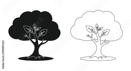 Two stylized trees one solid black and the other a white outline