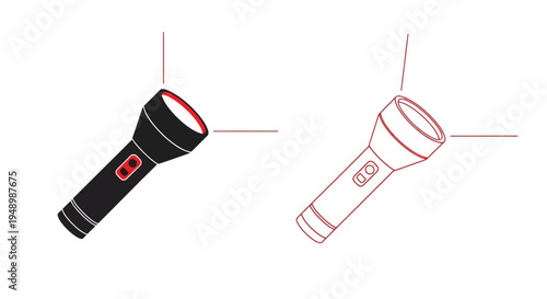 Two flashlights one solid black and one red outline with beams