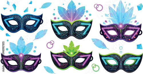 Futuristic Neon Cyber Carnival Mask Set with Digital Circuit Design Vector Illustration