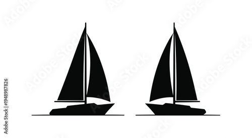 Two silhouetted sailboats with triangular sails on a flat horizon