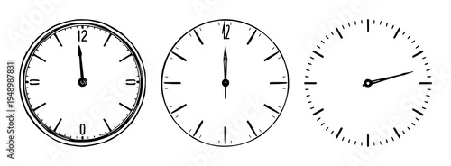 Clock face set with clean line art design featuring analog clocks, time zones, timekeeping with white background and vector illustration