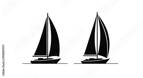 Two black silhouettes of sailing boats on a calm waterline