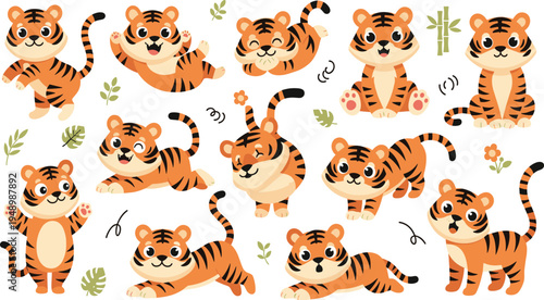Cute Tiger Character Collection with Different Poses Including Sitting, Jumping, Walking and Playing Cartoon Jungle Animal Vector Illustration Set.