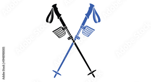 Two ski poles one black and one blue with baskets crossed together