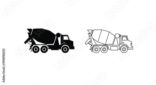 Concrete mixer trucks black silhouette and line art versions