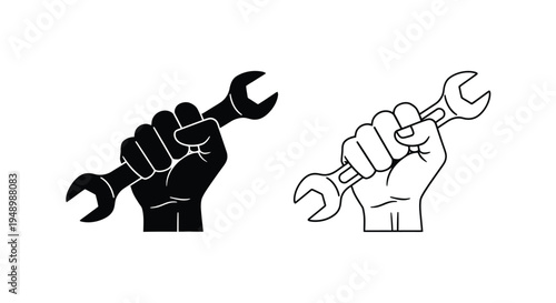 A clenched fist firmly gripping a wrench shown in two contrasting styles