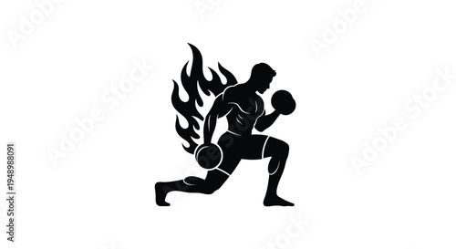 Silhouette of a muscular boxer with fiery flames behind him