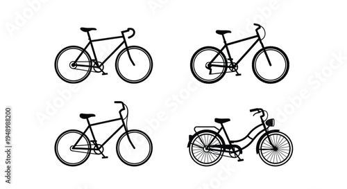 Four black and white illustrations of different bicycle styles
