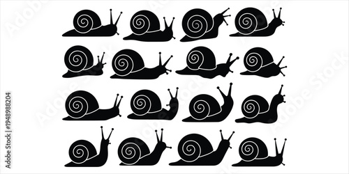 Grid of Black Snail Silhouettes in Various Poses and Directions on White Background mollusk gastropod