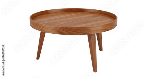 Round wooden coffee table isolated PNG on transparent background, mid-century modern furniture for living room interior design.
