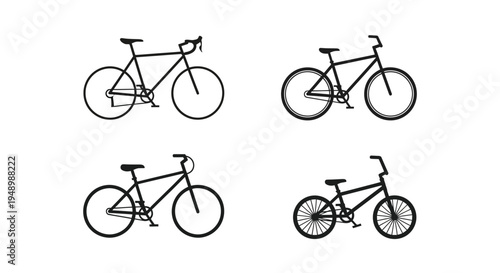 Four black and white illustrations of different bicycle types