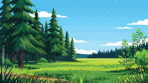 Lush Green Landscape with Pine Trees and Meadow