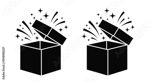Two black boxes opening with sparkling star and burst effects