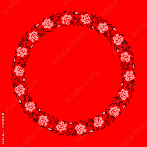 Ukrainian embroidery floral wreath vector illustration inspired by traditional vyshyvanka ornament. Decorative circular frame with red roses, branches and leaves created in cross stitch embroidery
