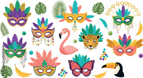 Colorful Carnival Mask Collection with Feathers Tropical Animals Leaves Vector Illustration Set