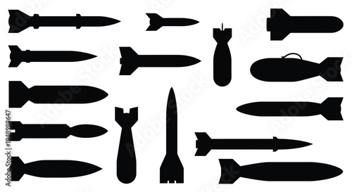 Various bombs and missiles depicted in a stark black silhouette