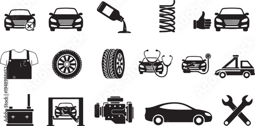 Black car service icons set including tools and parts isolated on white background for automotive industry use