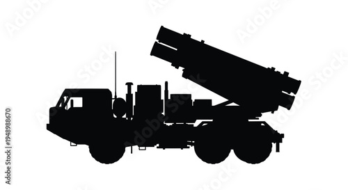 Military vehicle with missile launcher depicted in stark silhouette